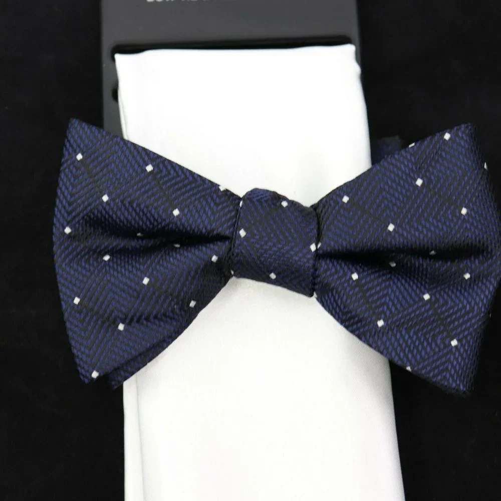 Alfani Solid Textured Pre-Tied Grid Navy Bow Dot Tie & White Pocket Square Set